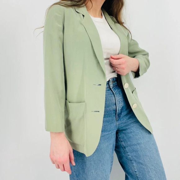 vintage sage green 100% silk button down blazer minimalist size 2 / S / XS - Picture 3 of 10